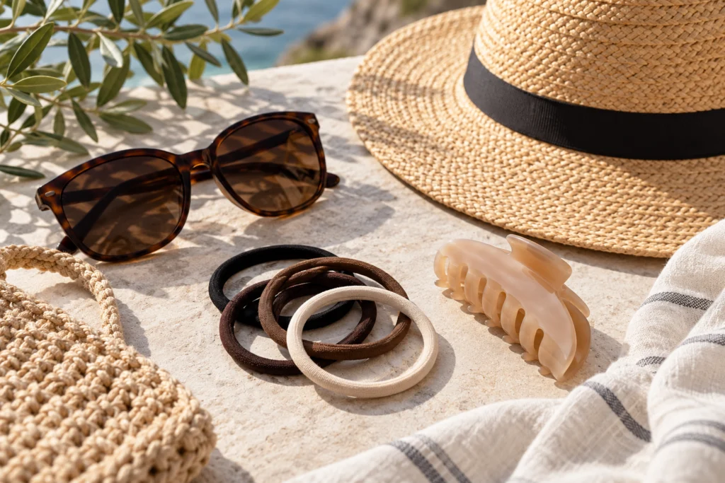 Accessori per capelli, cappello e occhiali su un tavolo prima di una passeggiata.