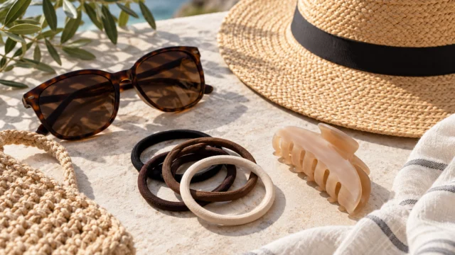 Accessori per capelli, cappello e occhiali su un tavolo prima di una passeggiata.