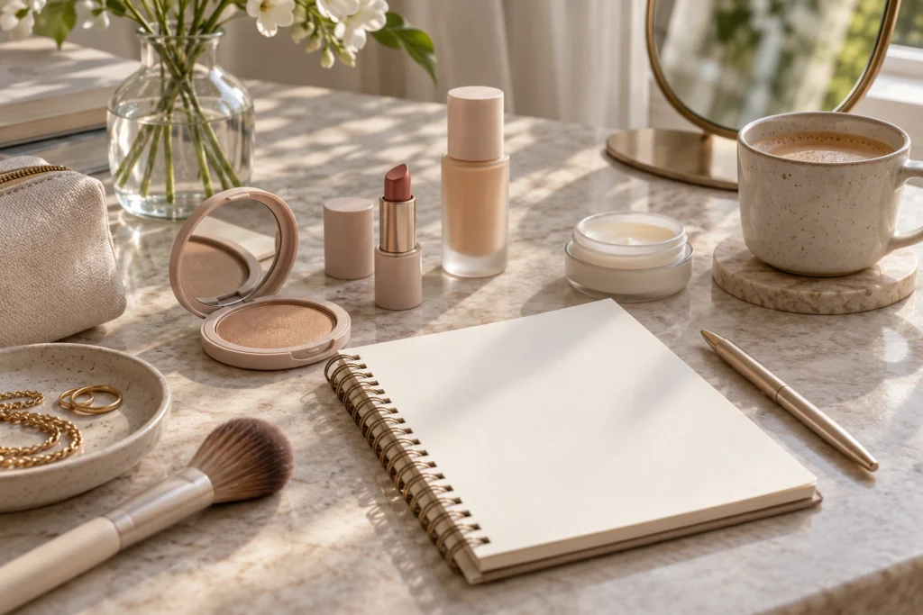 Pochi cosmetici neutri e una lista acquisti su un tavolo, senza prezzi o promozioni leggibili.