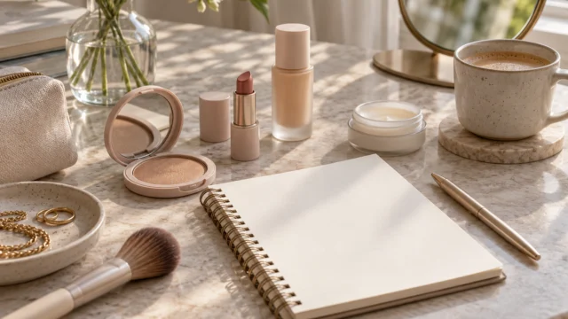 Pochi cosmetici neutri e una lista acquisti su un tavolo, senza prezzi o promozioni leggibili.