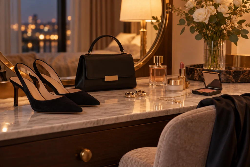 Preparazione di un look serale sobrio con borsa, scarpe comode e pochi cosmetici su un tavolo.