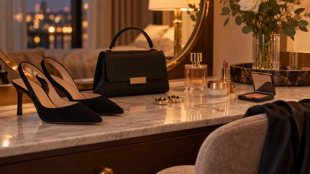 Preparazione di un look serale sobrio con borsa, scarpe comode e pochi cosmetici su un tavolo.