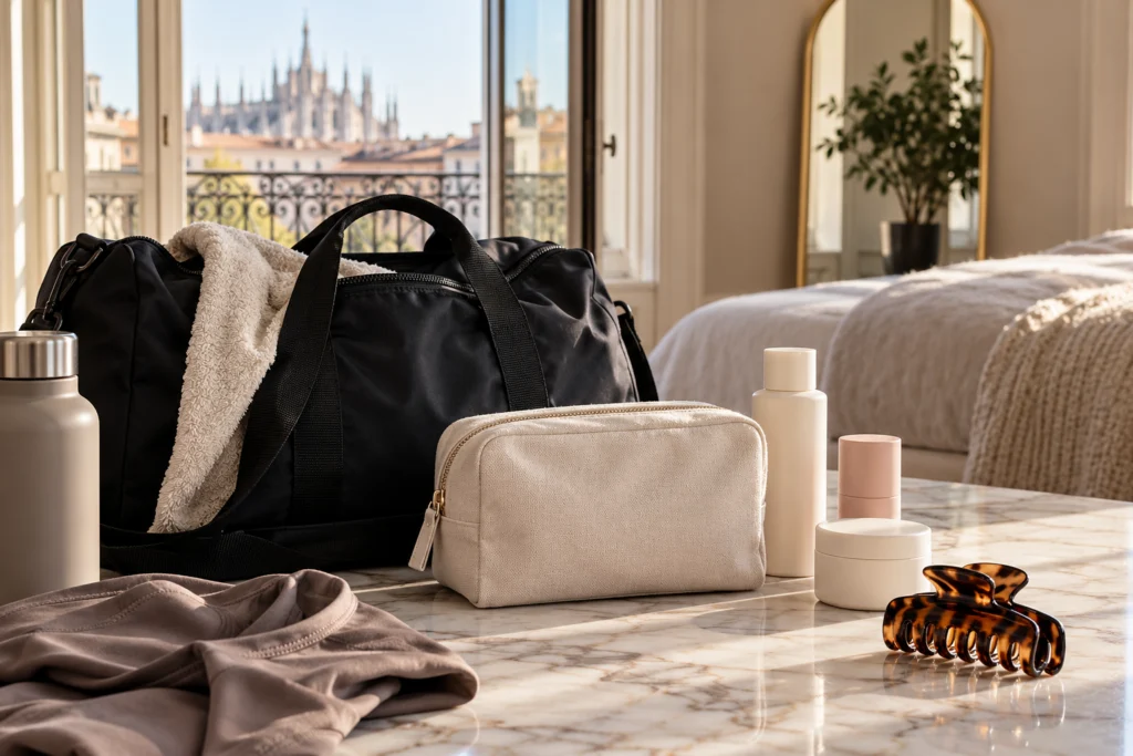Beauty case essenziale accanto a una borsa da palestra in un appartamento cittadino.