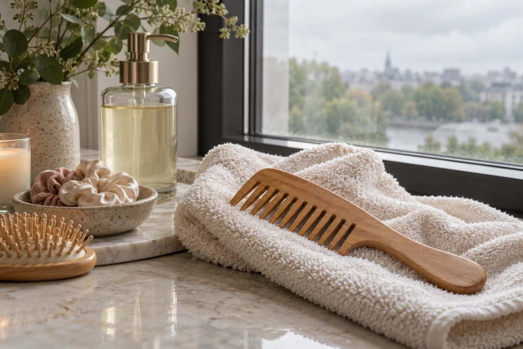 Accessori semplici per capelli e asciugamano morbido accanto a una finestra con luce diffusa.