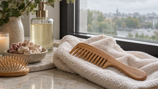 Accessori semplici per capelli e asciugamano morbido accanto a una finestra con luce diffusa.