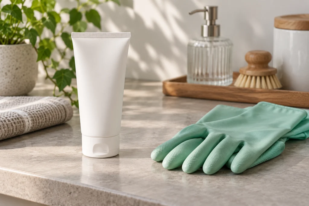 Prodotto neutro per la routine delle mani e guanti domestici separati su un piano ordinato.