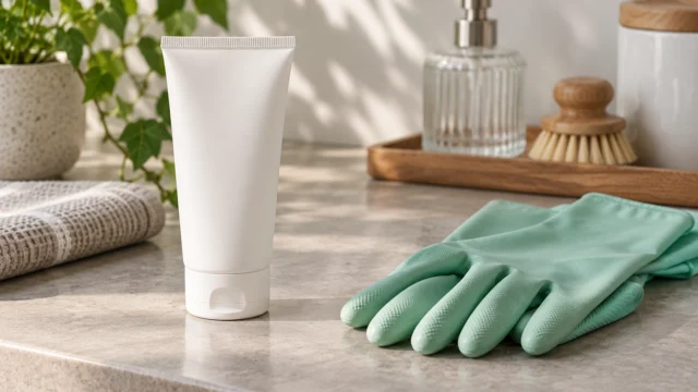 Prodotto neutro per la routine delle mani e guanti domestici separati su un piano ordinato.