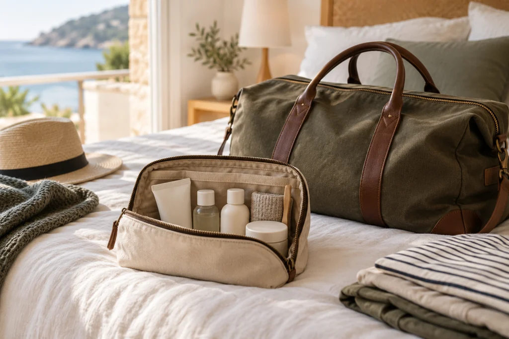 Piccolo nécessaire da viaggio e borsa per una gita fuori città su un letto ordinato.