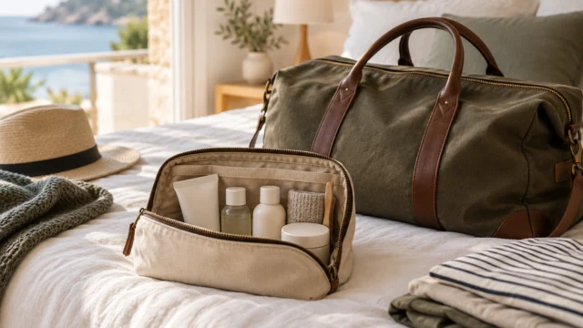 Piccolo nécessaire da viaggio e borsa per una gita fuori città su un letto ordinato.