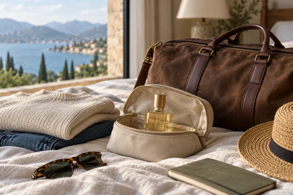 Piccolo flacone di profumo neutro protetto in un nécessaire da viaggio.