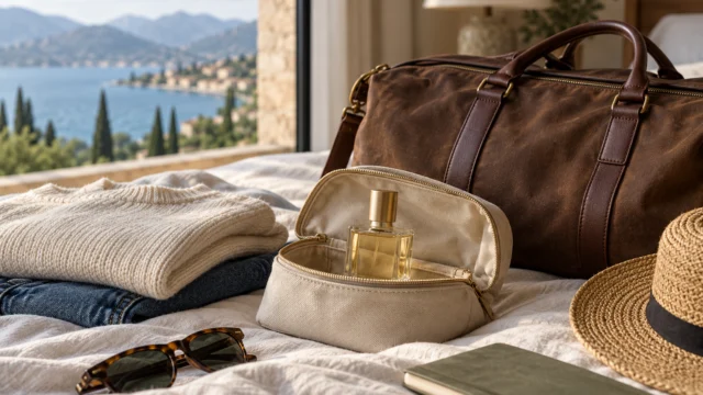 Piccolo flacone di profumo neutro protetto in un nécessaire da viaggio.