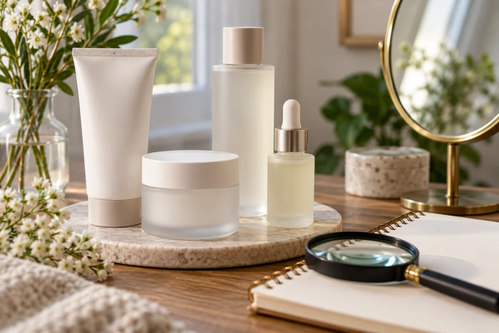 Confezione cosmetica neutra osservata accanto a un quaderno di confronto senza testi leggibili.