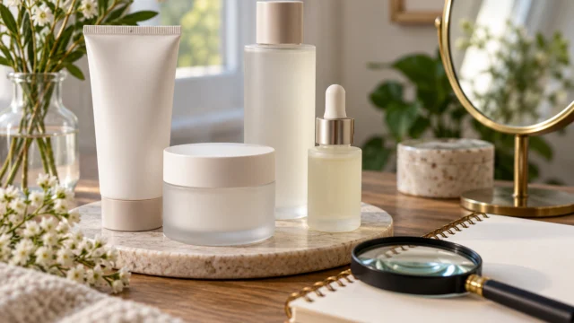 Confezione cosmetica neutra osservata accanto a un quaderno di confronto senza testi leggibili.