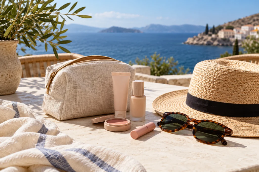 Piccolo kit trucco, occhiali e cappello per una giornata fuori città.