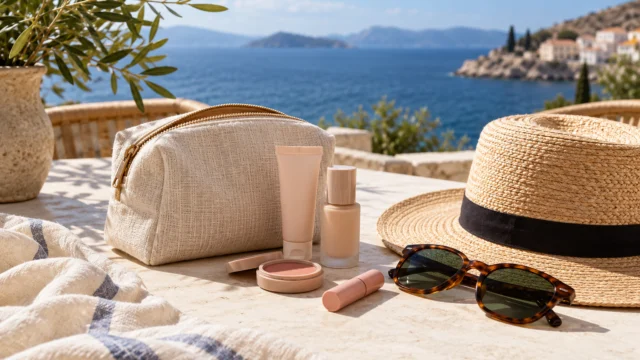 Piccolo kit trucco, occhiali e cappello per una giornata fuori città.